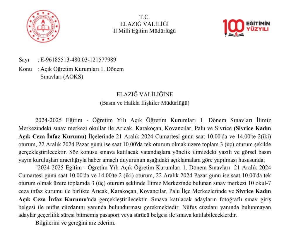 2024-2025 Eğitim Yılı Açık Öğretim Kurumları 1. Dönem Sınavları Elazığ'da Gerçekleştirilecek