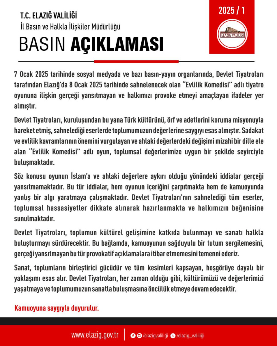 ELAZIĞ VALİLİĞİ BASIN AÇIKLAMASI