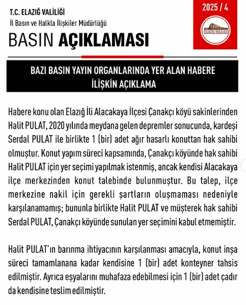 Elazığ Valiliği'nden Halit PULAT'a Barınma ve Destek Yardımı